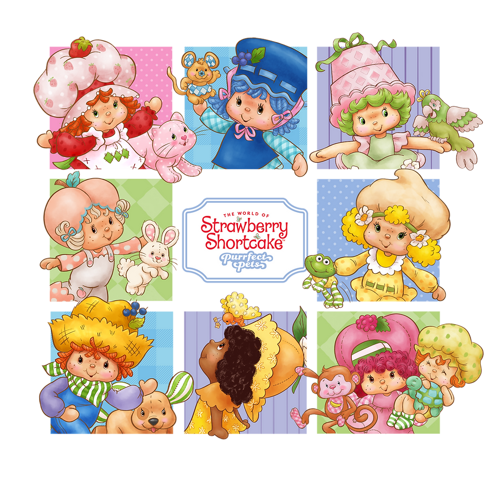 Colorful collage of Strawberry Shortcake characters with pets; center text reads The World of Strawberry Shortcake Purrfect Pets
