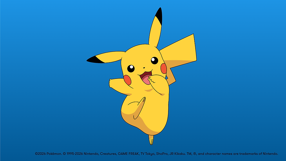 A cheerful yellow cartoon character with pointy ears and red cheeks jumps against a blue background.