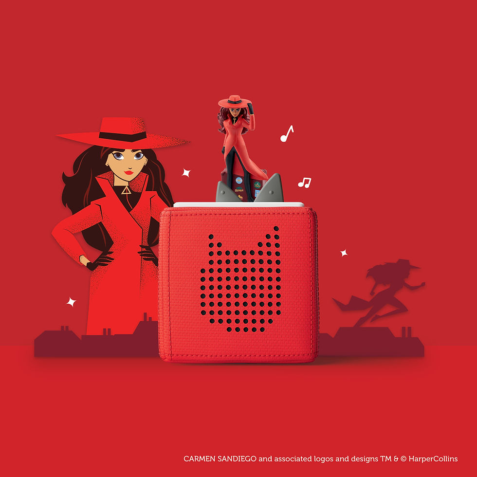 A red music box sits on a red background with a toy figure on top. A cartoon woman that matches the toy sits next to it.