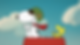 Snoopy in aviator helmet and red scarf sits on a red doghouse with Woodstock against a blue sky with clouds.