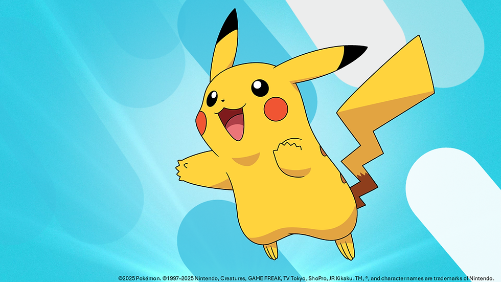 Pikachu jumping while smiling on a bright blue patterned background