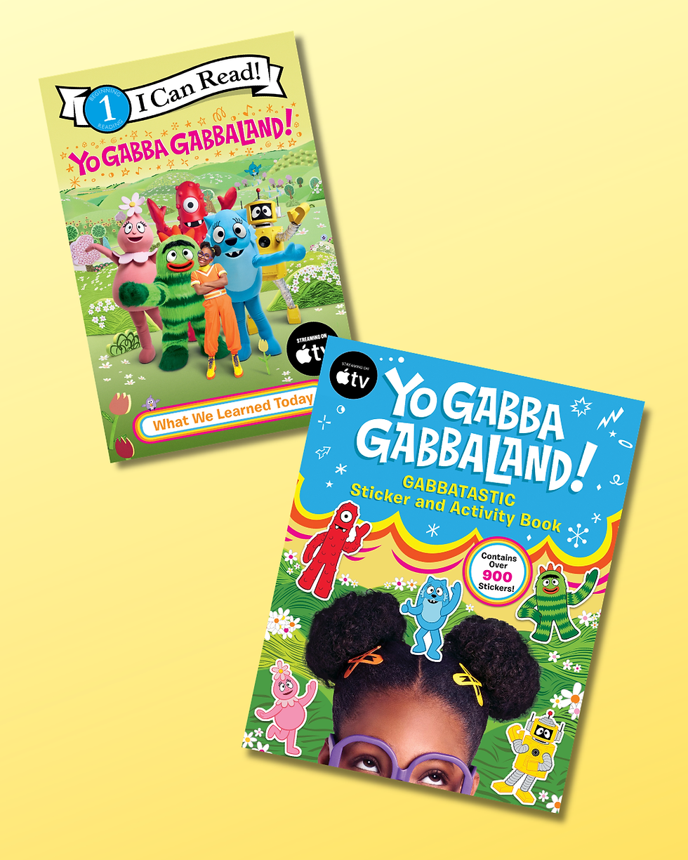 Two colorful "Yo Gabba Gabba!" books feature characters on a yellow and blue background. Text includes "I Can Read!" and "Sticker and Activity Book."