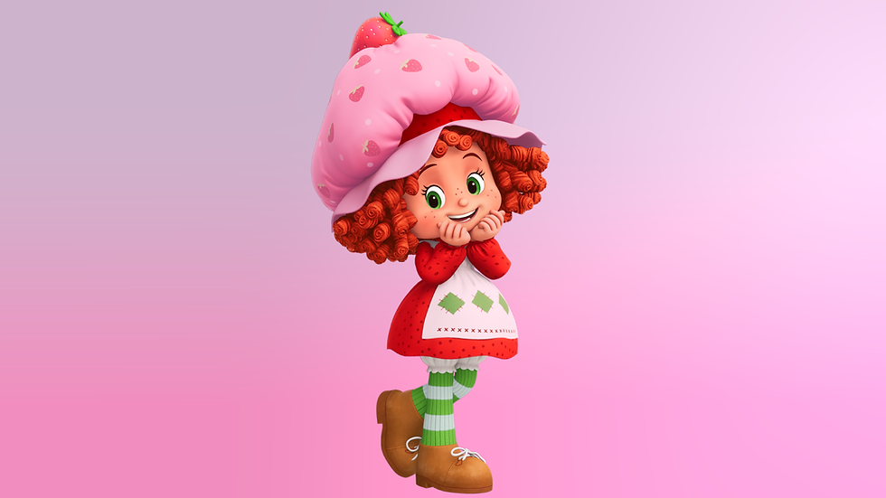 Smiling cartoon girl in strawberry hat and red dress on pink gradient background, hands on cheeks, playful pose