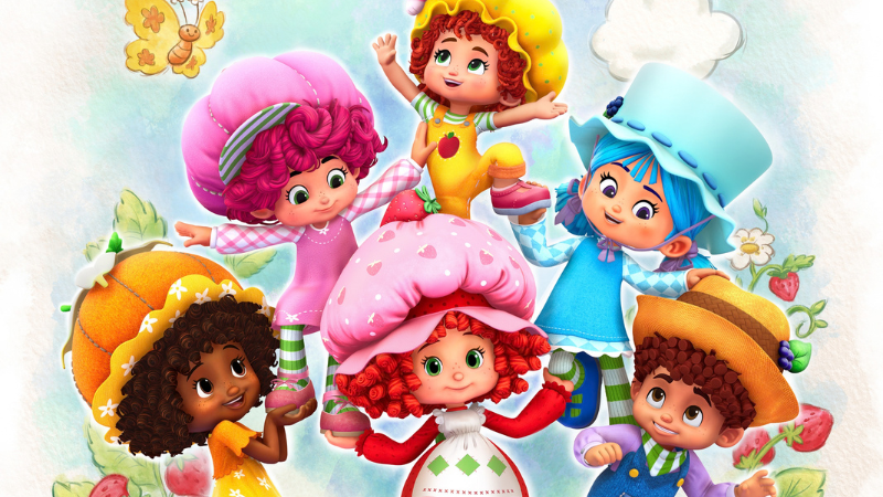 Colorful Strawberry Shortcake poster with smiling kids in berry costumes under clouds and sun; text reads Strawberry Shortcake’s Bake Shop