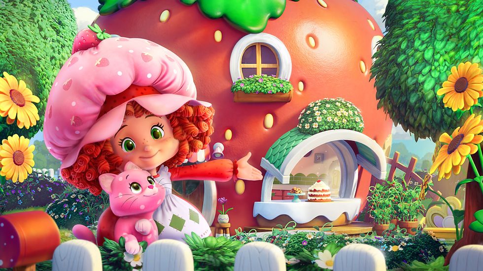 Cartoon girl with pink strawberry hat holds a pink cat outside a giant strawberry house in a bright flower garden.
