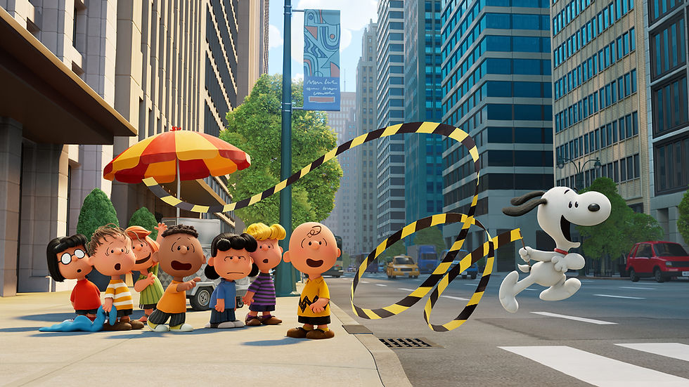 Peanuts gang stares as Snoopy runs with black-and-yellow caution tape on a city street lined with tall buildings.