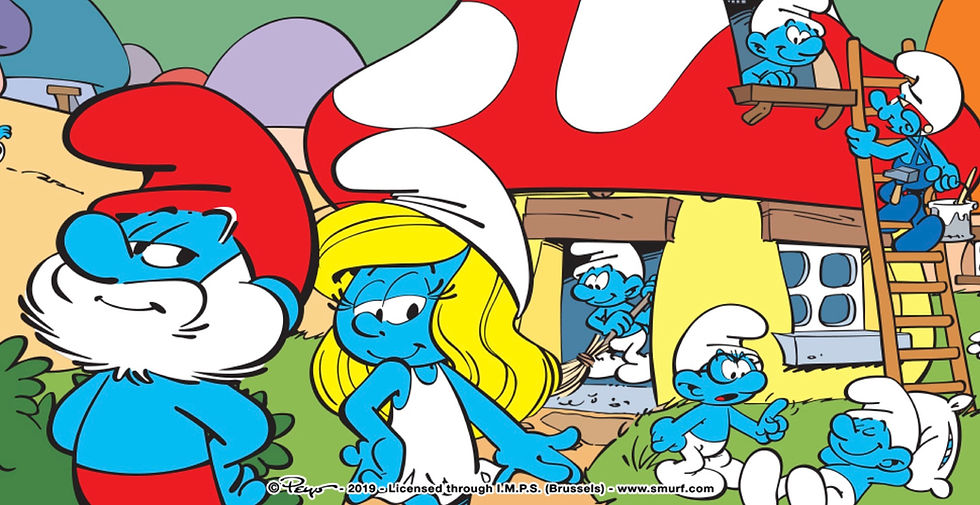 blue characters in front of a mushroom house