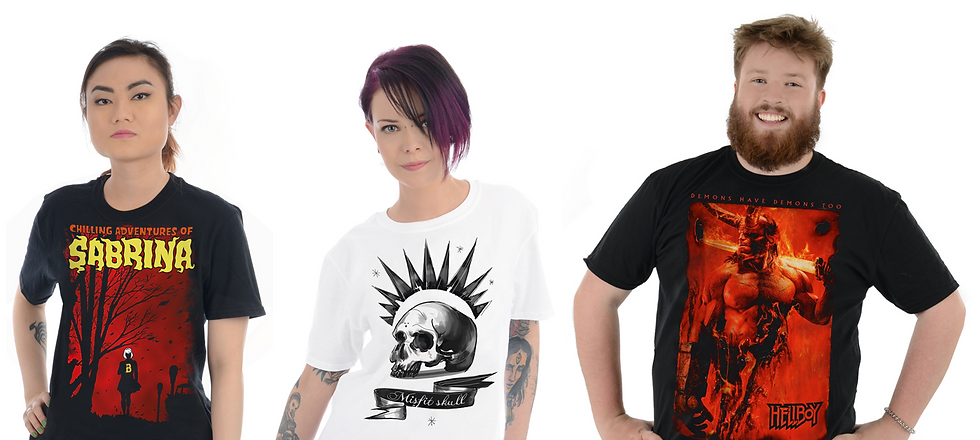 3 people wearing Chilling Adventures of Sabrina, Misfit Skull and Hellboy t-shirts