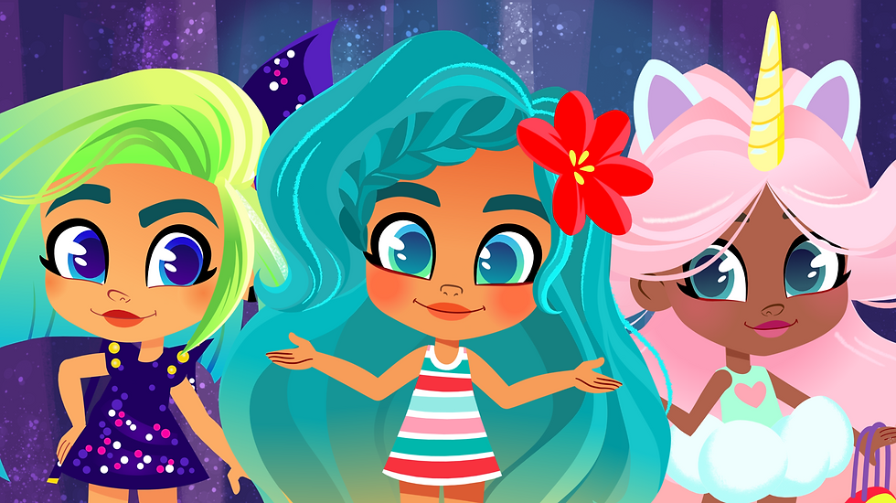drawing of 3 girls with colourful hair and clothing