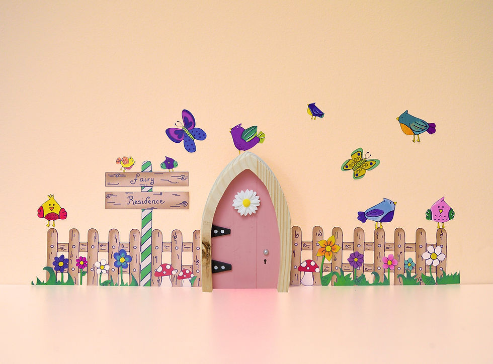 butterflies and a little door with a fence and a sign that says "Fairy Residence"