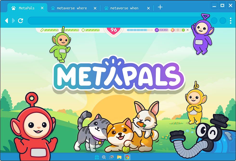 A cartoon webpage with colourful cartoon aliens jumping out onto the desktop. Logo reads MetaPals.