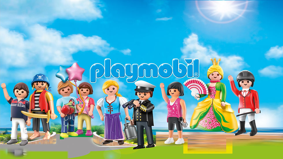 Playmobil logo and a group of toy characters