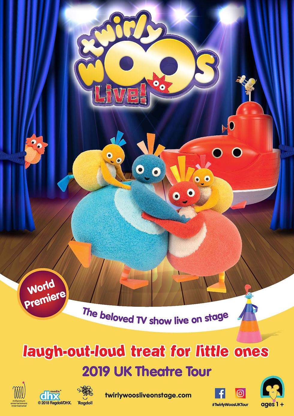 Twirlywoos Live poster. World premiere. The beloved TV show live on stage. Laugh-out-loud treat for little ones. 2019 UK Theatre Tour
