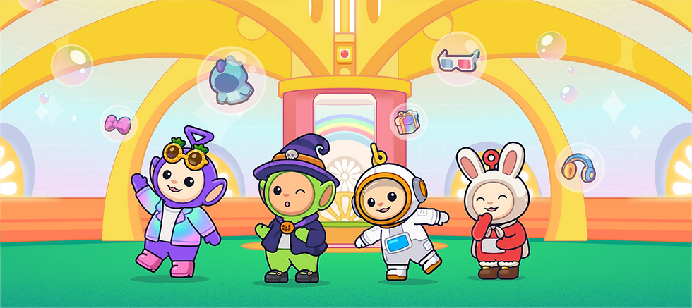 Four cartoon aliens dress up in costumes and play with bubbles in their dome house.