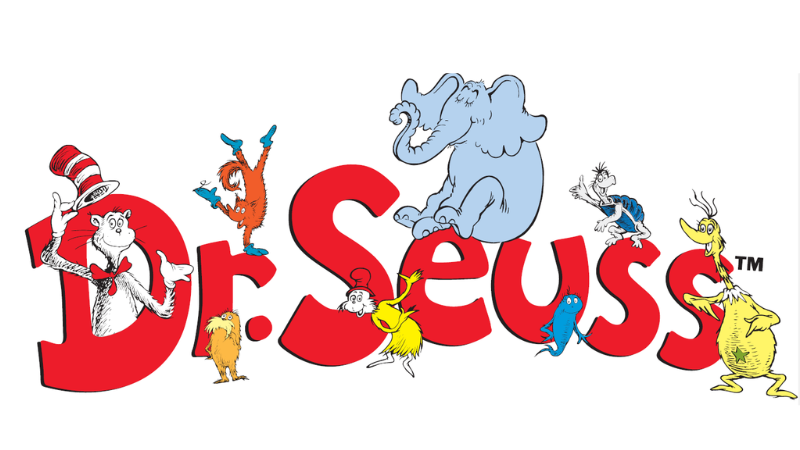 Various Dr Seuss characters around the text 'Dr Suess' in which is in the colour red