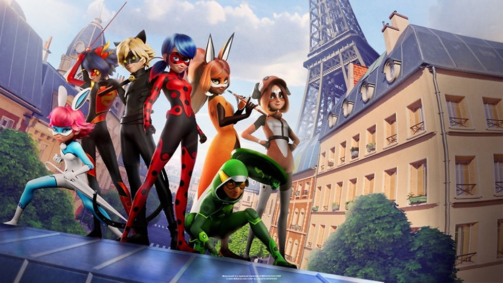 The Miraculous cast of main characters posing in front of the Eiffel Tower.