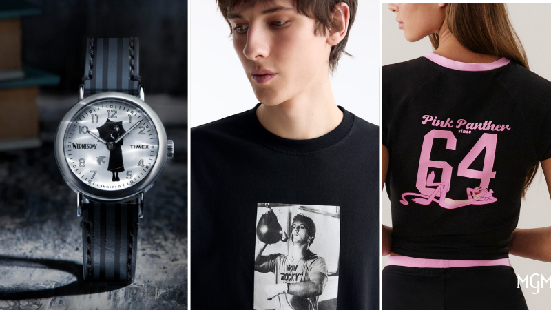 From left to right: a black watch from the Wednesday x Timex collection, a young man wearing a t-shirt from the Rocky x Pull and Bear Collection and a young woman who is wearing a black t-shirt from the Pink Panther x Undiz collection.