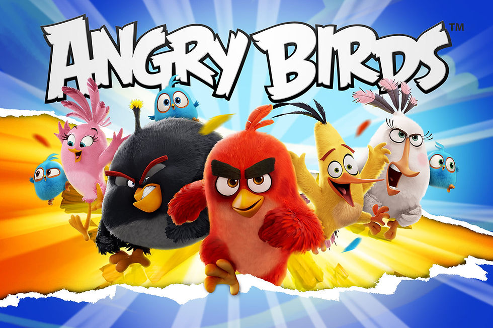 The cast of Angry Birds characters bursting out from the background, underneath the title text 'Angry Birds'.