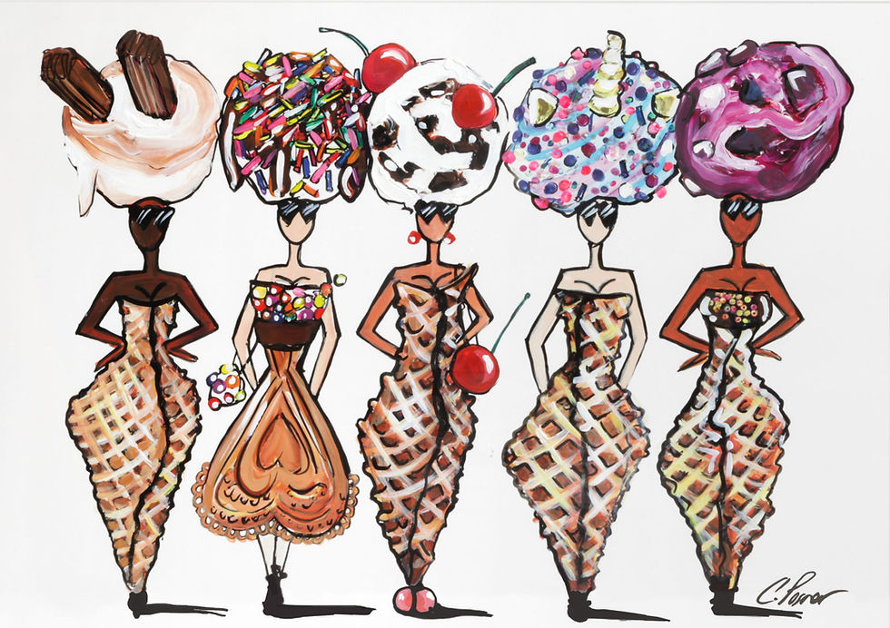 Painting of 5 women in shape of sweets