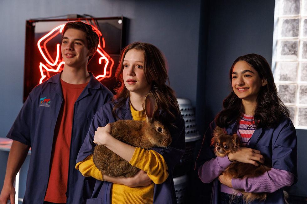 Three teens stand smiling while facing something off-camera to the left. The person in the middle holds a bunny in her arms, while the person on the right holds a small dog.