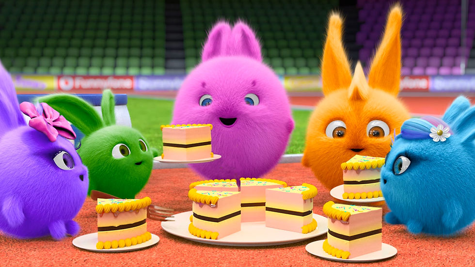 5 furry and round cgi characters eating cake