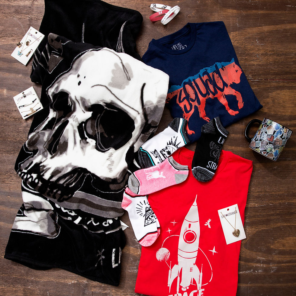 various products, tshirts, bracelets, socks, mugs scattered on the floor