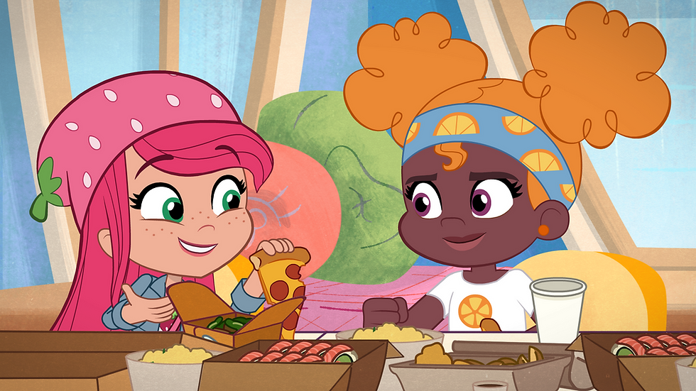 A cartoon girl wearing a strawberry hat and a cartoon girl wearing orange-themed clothing eating pizza and other food.