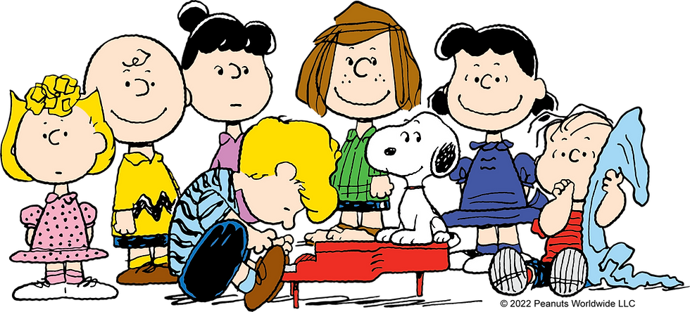 a cartoon of seven children and a dog. one child is playing a toy piano