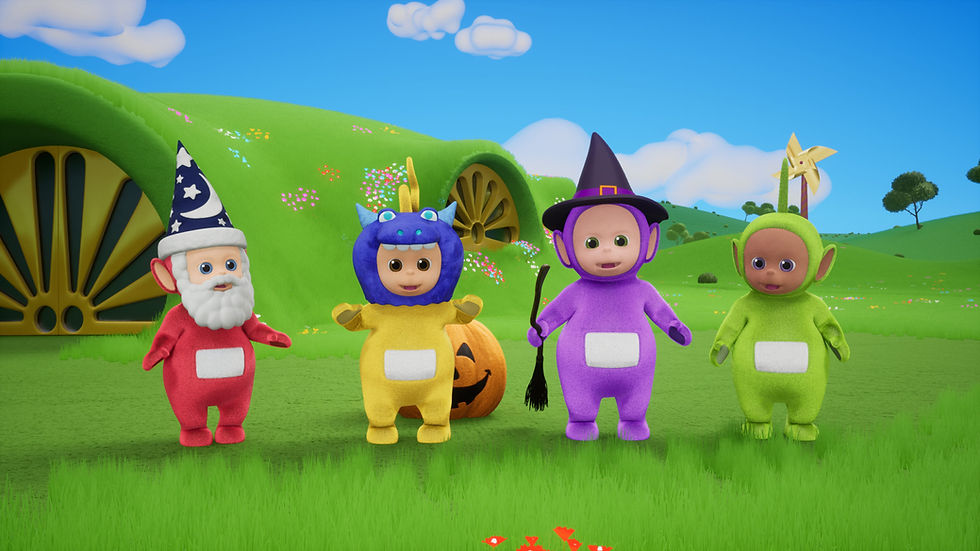 Four cute CG-animated aliens wear Halloween costumes on a grassy field.