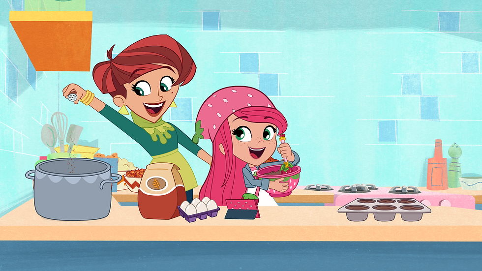 A cartoon girl in a strawberry hat and a cartoon woman wearing green baking in a kitchen.