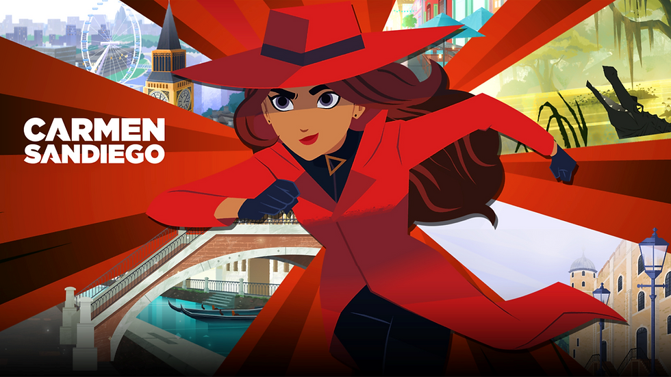 A cartoon woman wearing a red hat and coat, with a title reading Carmen Sandiego