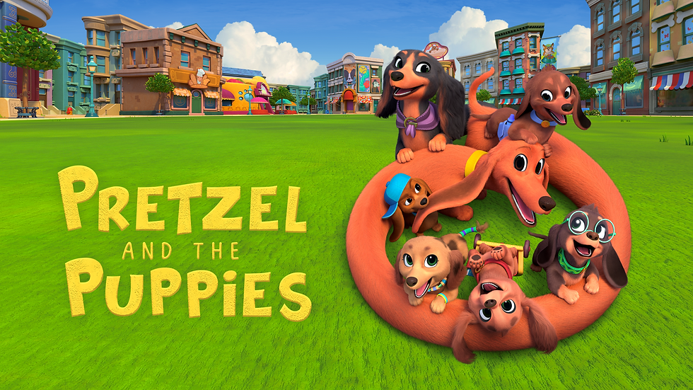 Six puppies lying on a long tubular brown dog on some grass with a city backdrop. A title reads Pretzel and the Puppies.