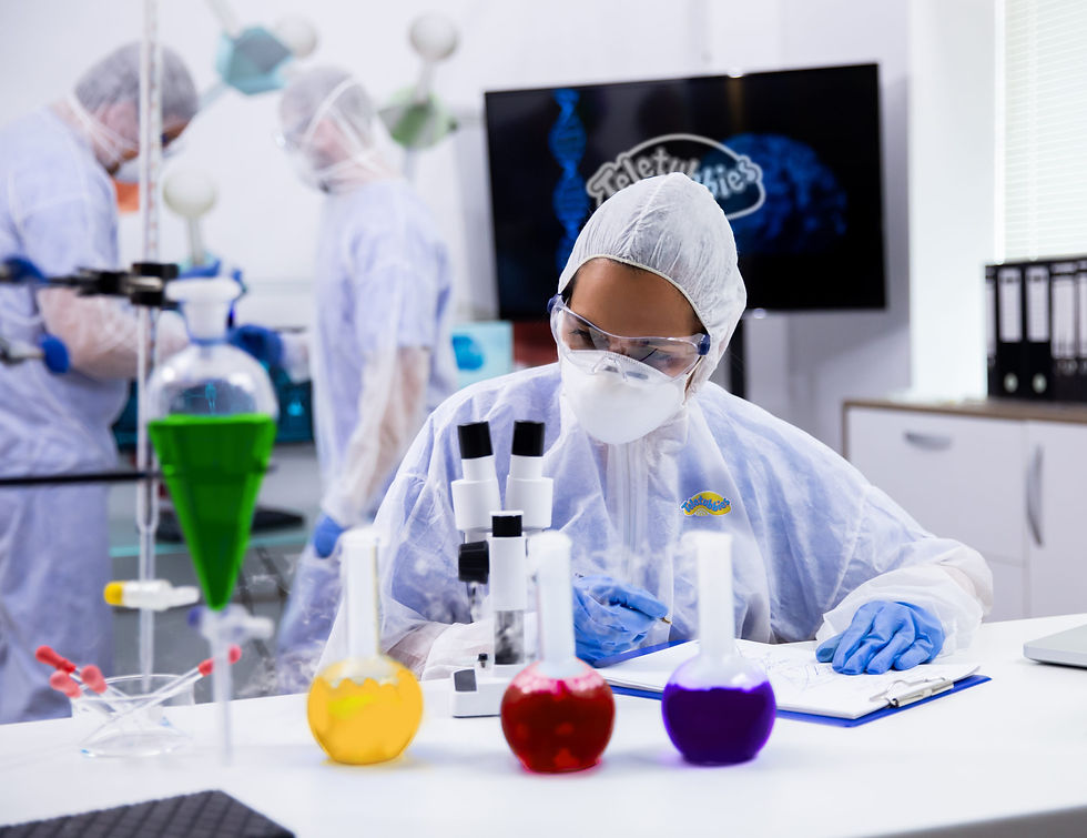 a woman in a lab coat, working at the desk