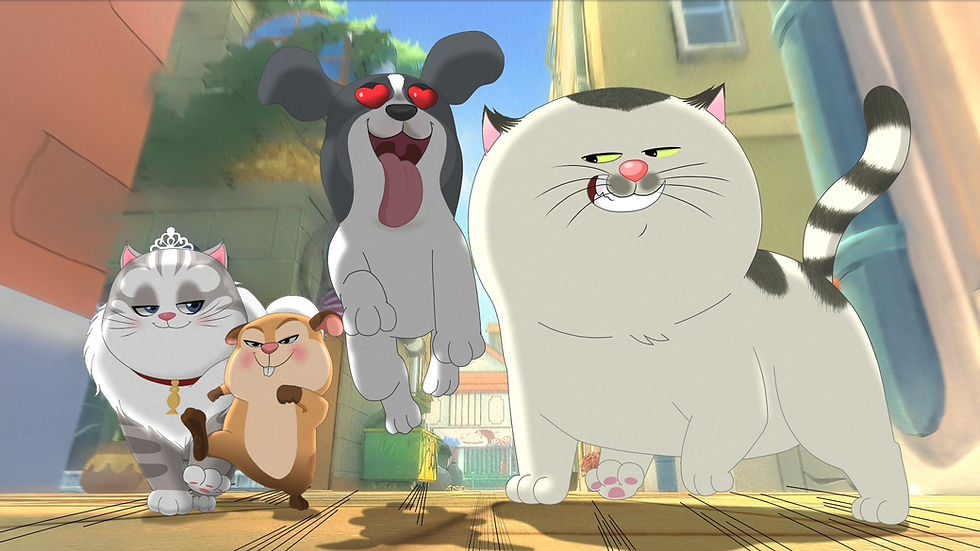 A large 2D-animated cat slyly smiles next to another cat wearing a tiara, a guinea pig and a smiling dog with hearts for eyes.