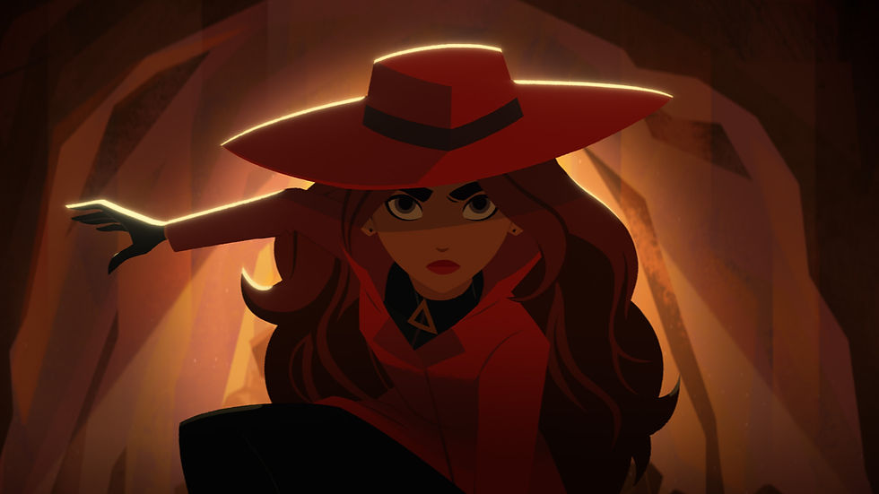 A cartoon woman wearing a red hat and coat crouching in a ready stance.