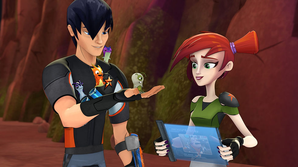 An animated young man with black holds tiny alien-like slugs. An animated girl holds a holographic device beside him.