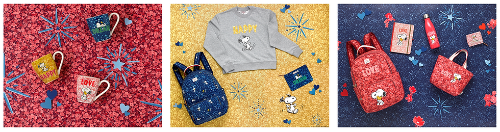 collage of 3 images with various products, cups, clothing and backpacks with cartoon characters