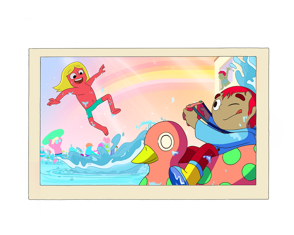 A cartoon boy with yellow hair and a green bathing suit jumps into the water, while a boy floating on an inflatable duck takes a picture.