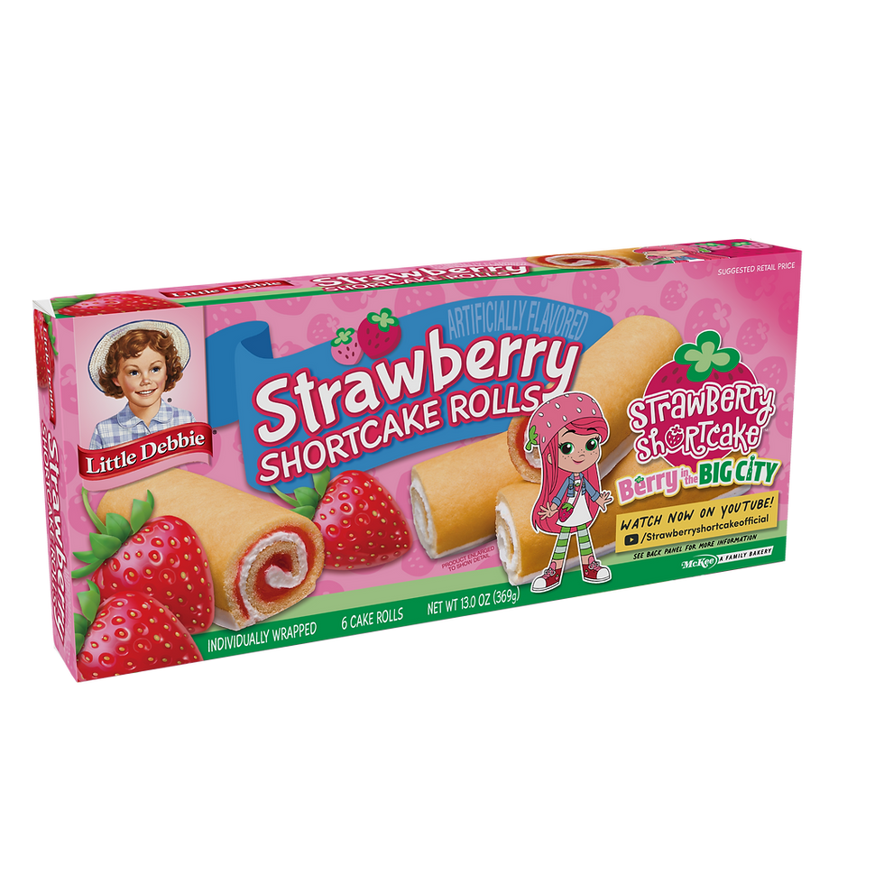 A box of pastries with a label that reads Strawberry Shortcake Rolls. and a logo that reads Little Debbie. A picture of a cartoon girl in a strawberry hat is on the box.