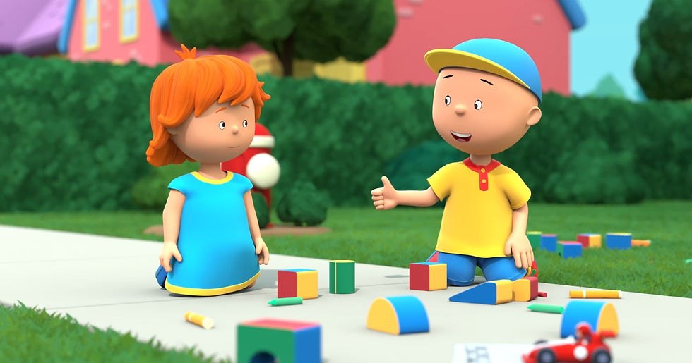 A CG-animated boy and girl play with blocks on the sidewalk.