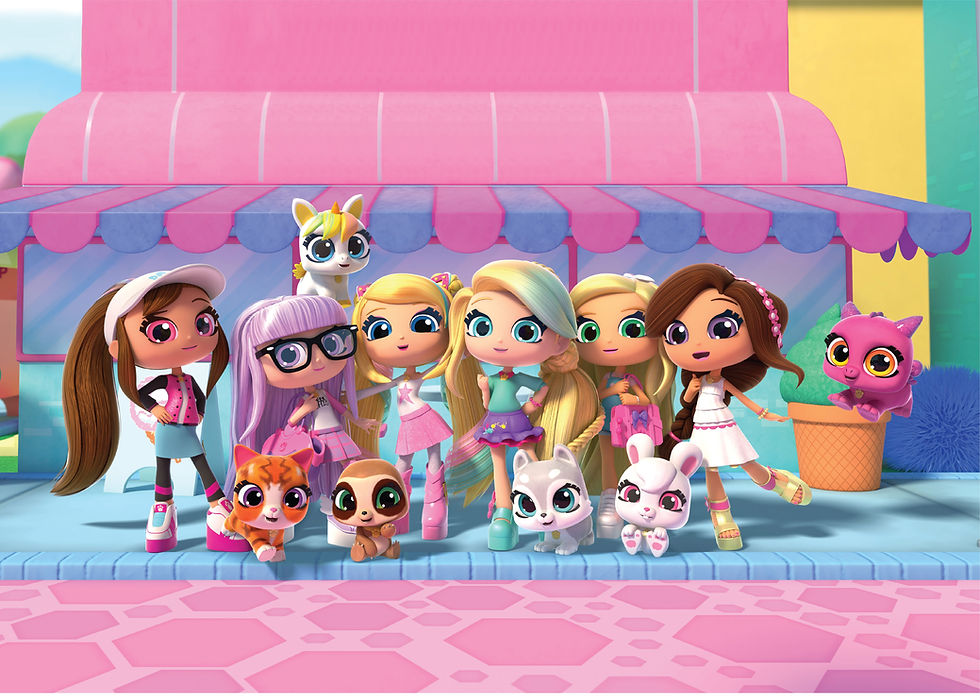 animated girl and cat characters from the show lined up on the sidewalk