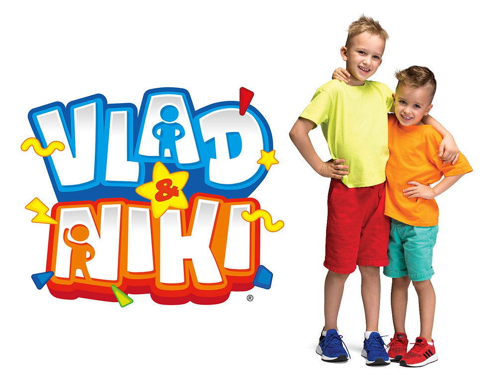 two boys smiling, big Vlad & Nicki logo next to them