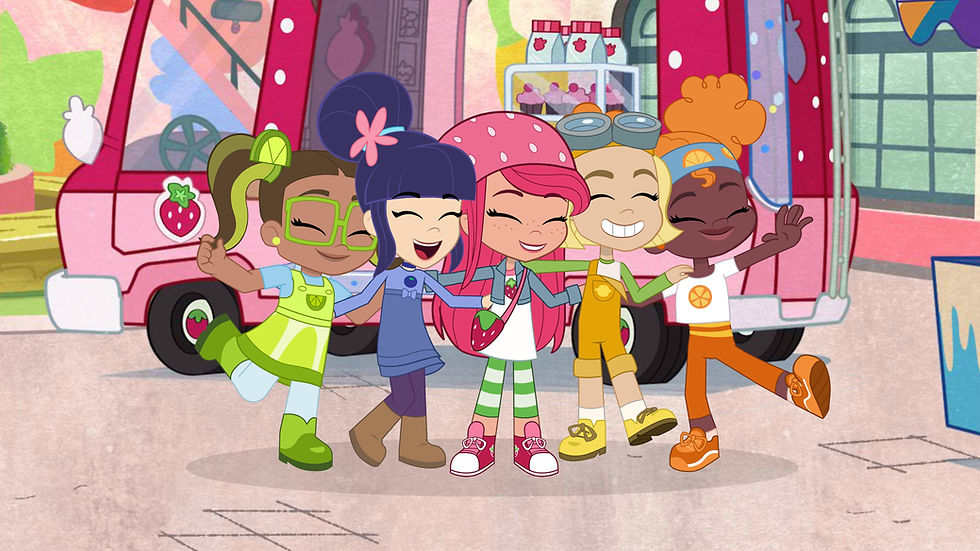 Five colourful fruit-themed cartoon friends hug each other side-by-side.