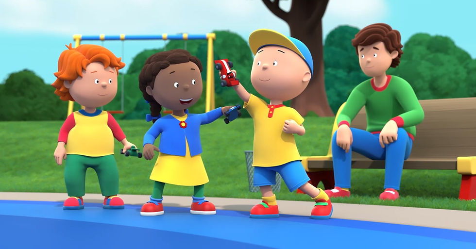 A CG-animated boy and his friends play with toy cars in the park while an adult watches from a bench.