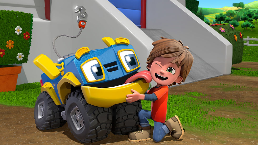 Animated truck like pet is licking a boy