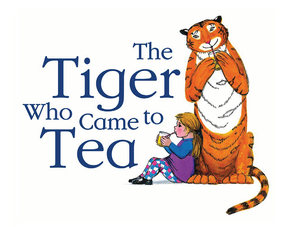 book cover with a drawing of a tiger and a girl sipping liquid from cups