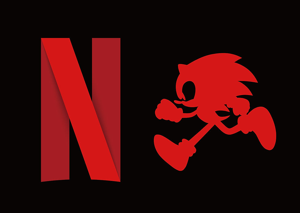 Big letter N with a cartoon character in red on black background