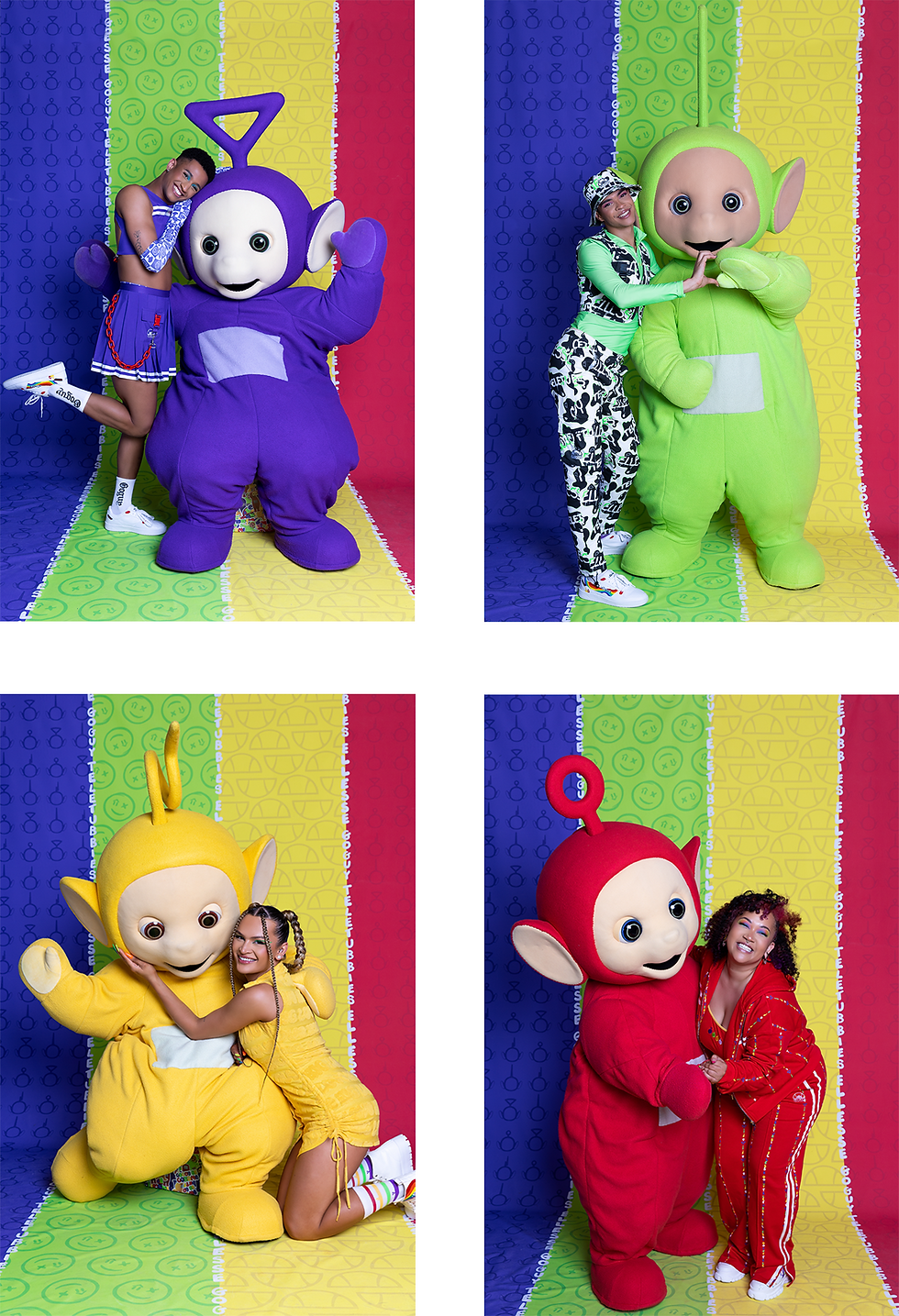 A grid of four photos. Each photo has a person posing with a costumed alien character while wearing a matching colourful outfit.