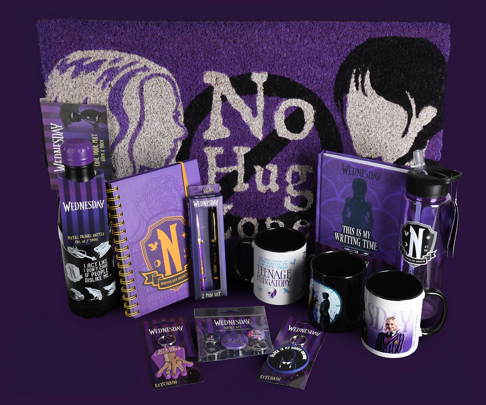 A collection of purple products themed around Netflix's "Wednesday" series.