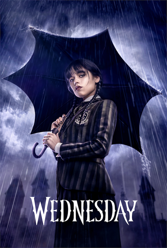A spooky girl with two long braids holds a spider-web shaped umbrella in the rain while looking down at the camera. Title reads, "Wednesday".